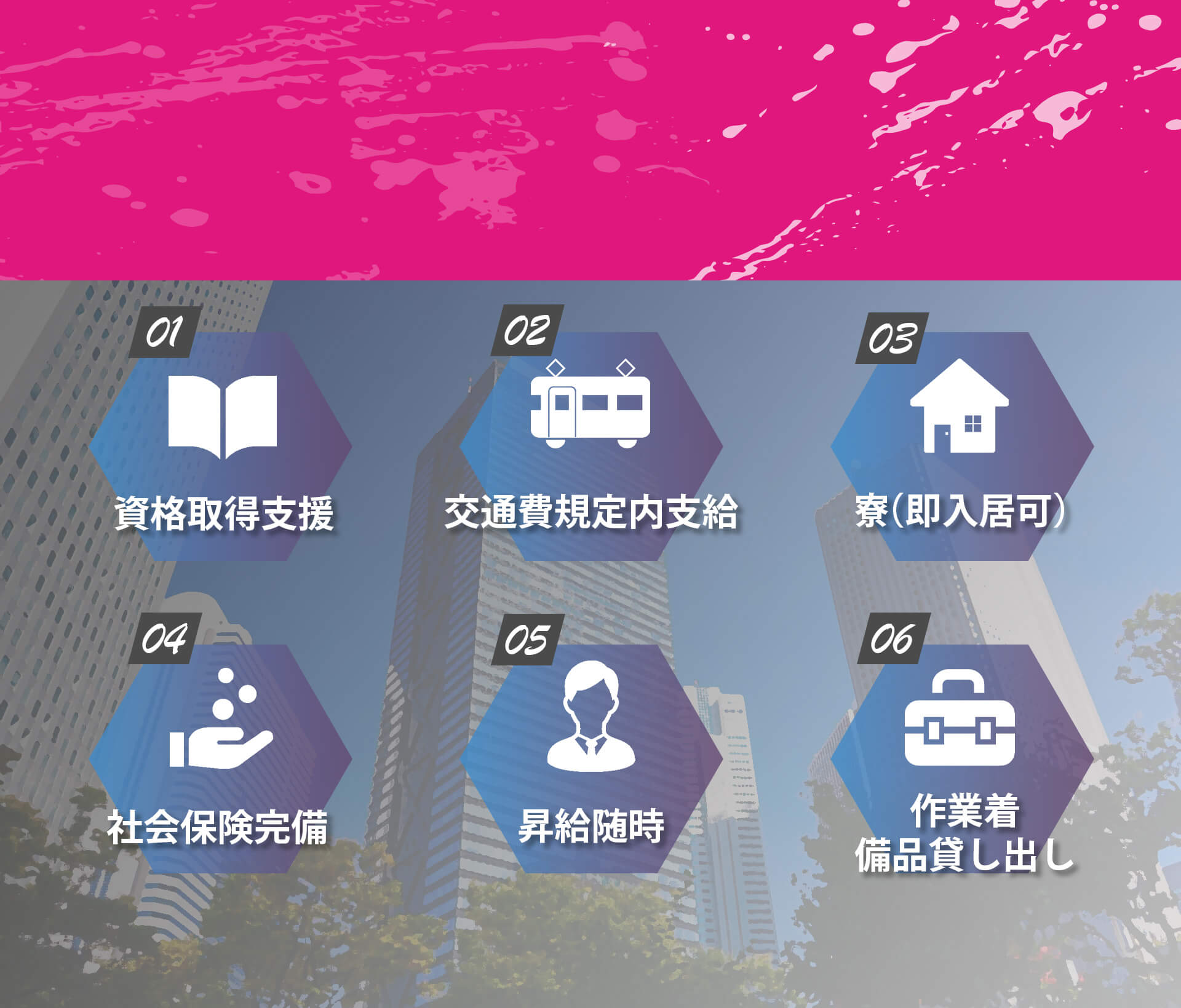 視覚取得支援、交通費規定内支給、即入居可の寮、社会保険完備、昇給随時、作業費・備品貸し出し